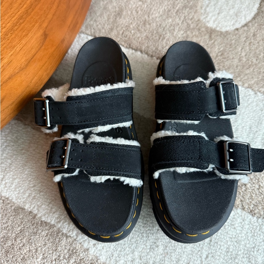 NWOT! Dr. Martens Myles Suede Buckle Sandals with Faux Fur Lining - Picture 4 of 8